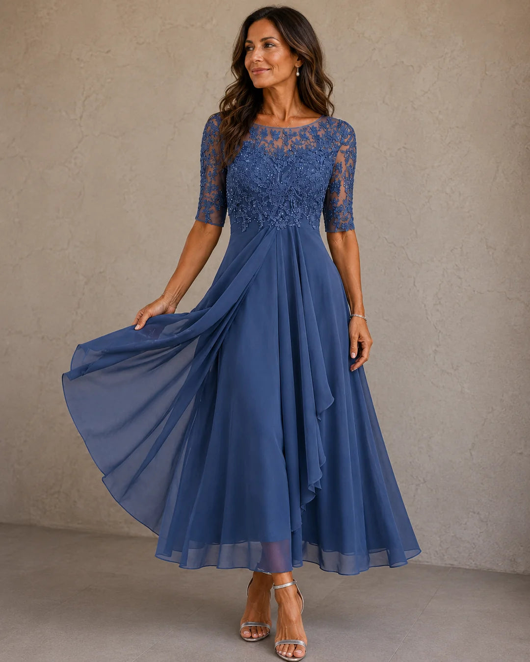 Noélie - Vestido de Noche Elegante de Gasa y Encaje Fino