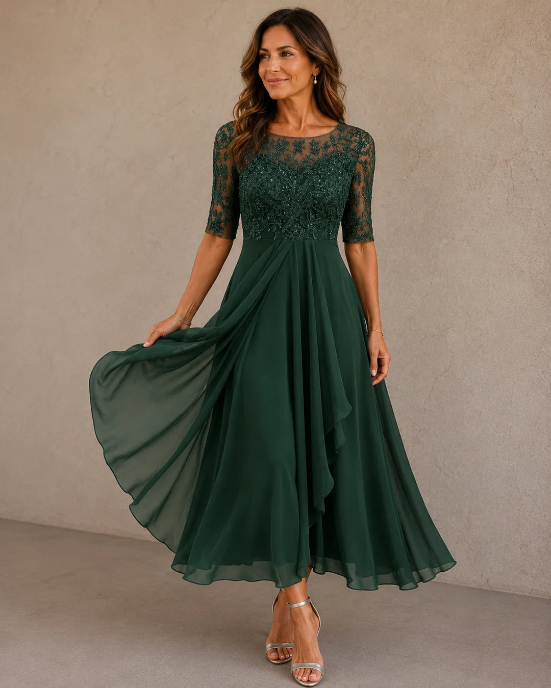 Noélie - Vestido de Noche Elegante de Gasa y Encaje Fino