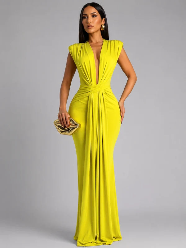 Isolde - Vestido Maxi Chic Fruncido con Escote Pronunciado