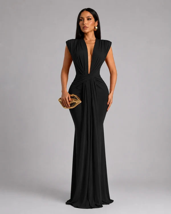 Isolde - Vestido Maxi Chic Fruncido con Escote Pronunciado