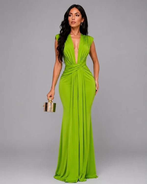Isolde - Vestido Maxi Chic Fruncido con Escote Pronunciado