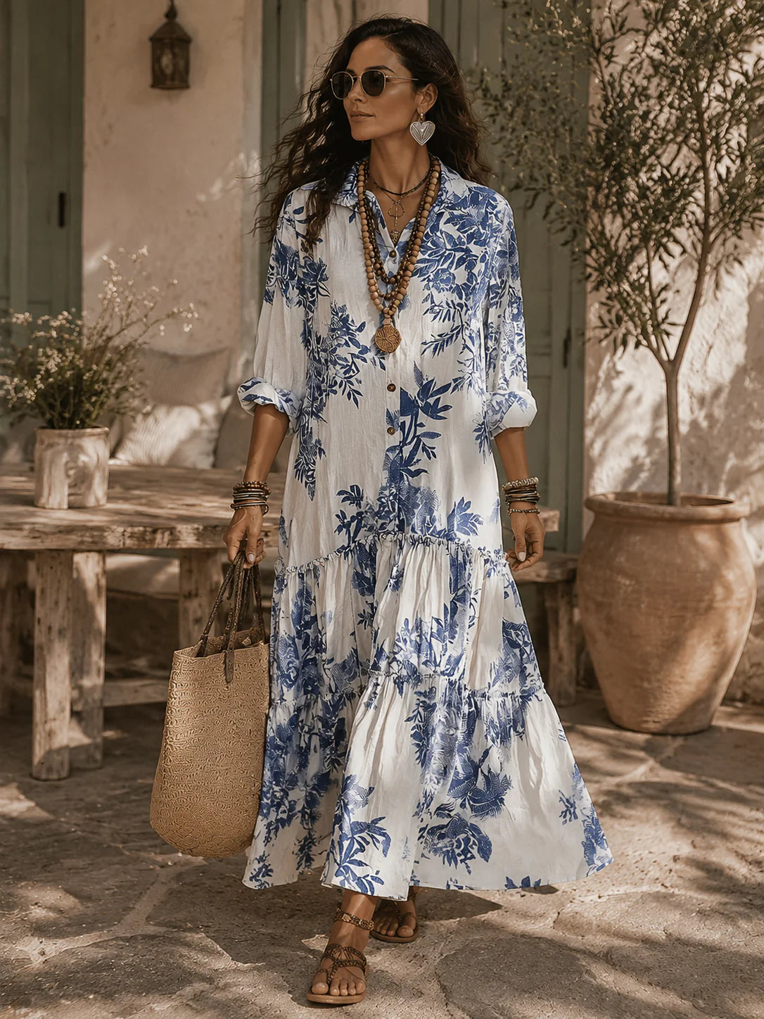 Herina - Vestido Camisero de Algodón y Lino con Hojas y Volantes