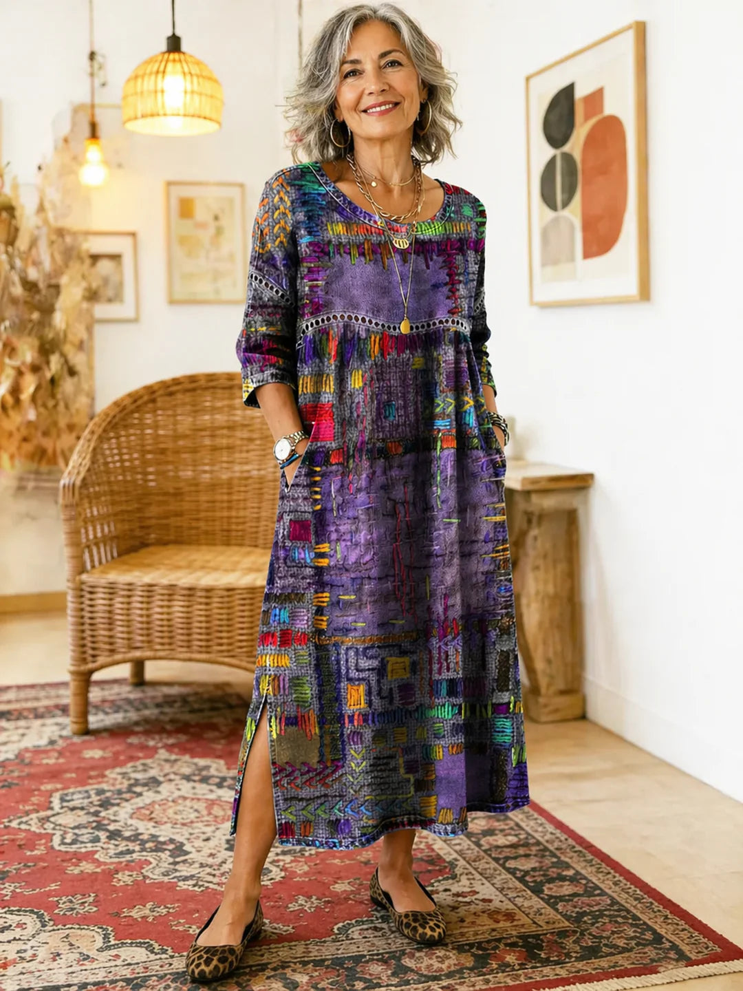 Himaya - Vestido de Denim con Estampado Étnico de Colores