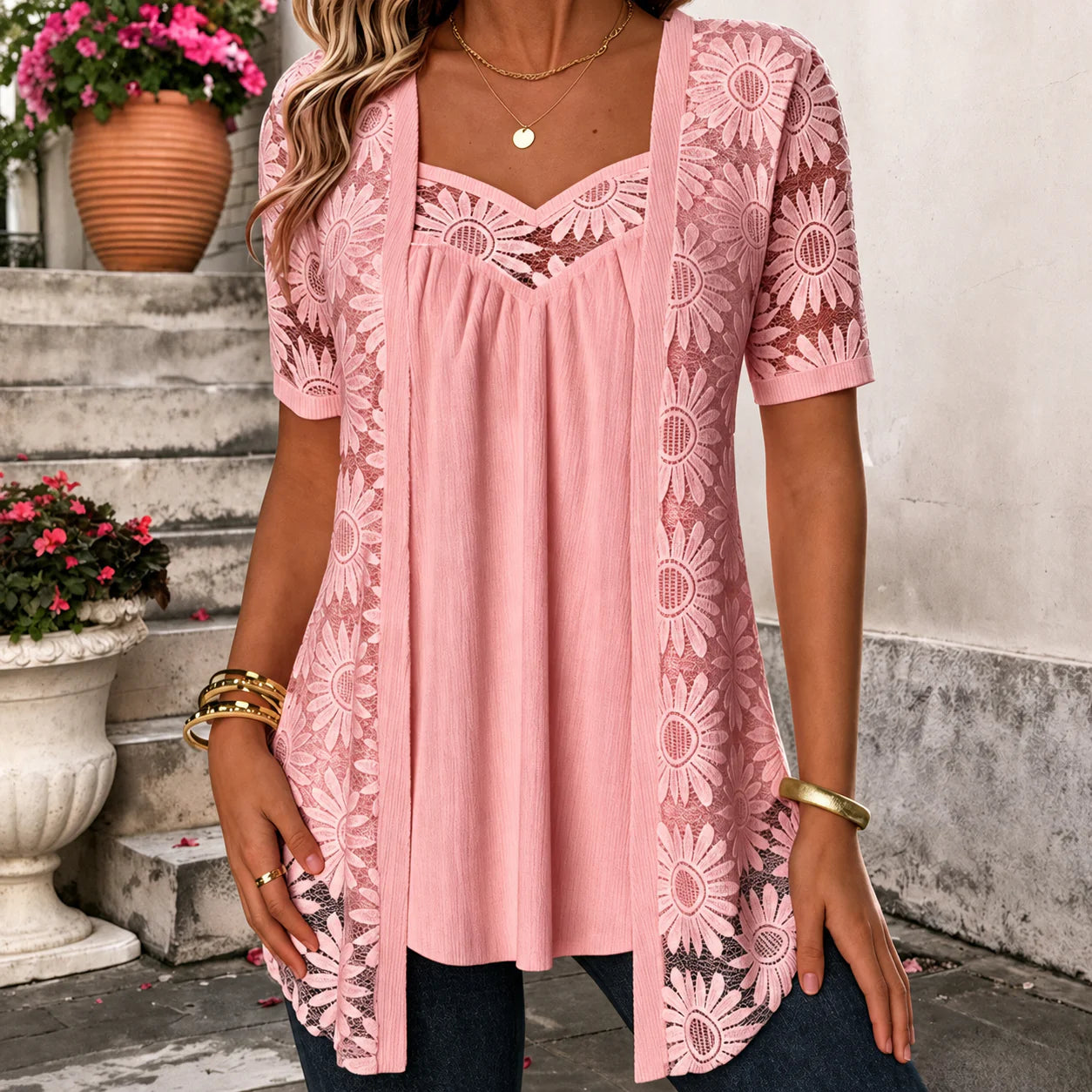 Yolaine - Blusa Femenina con Chaqueta Floral Bordada