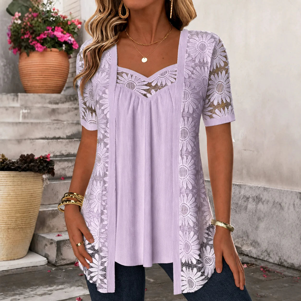 Yolaine - Blusa Femenina con Chaqueta Floral Bordada