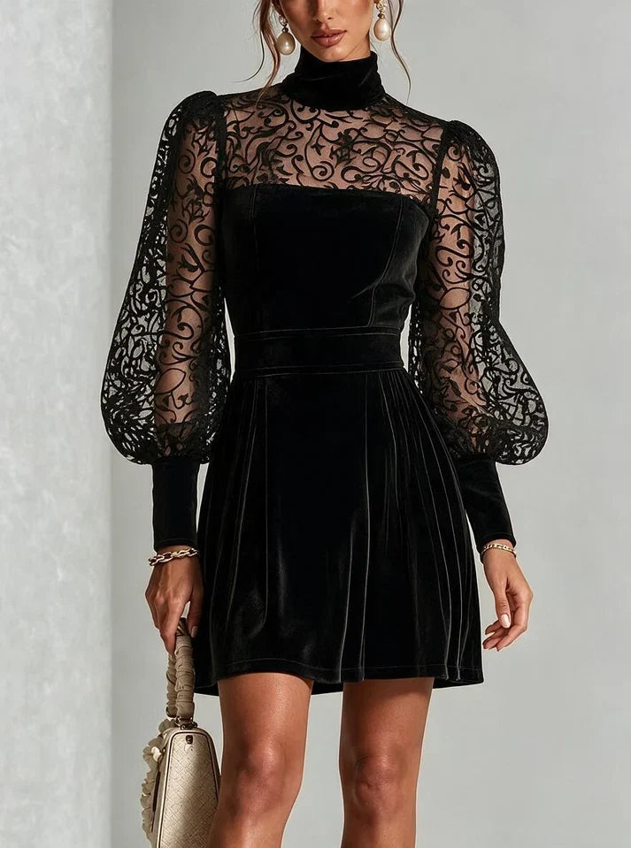 Elissa - Vestido Negro de Terciopelo con Cuello Alto y Mangas de Encaje