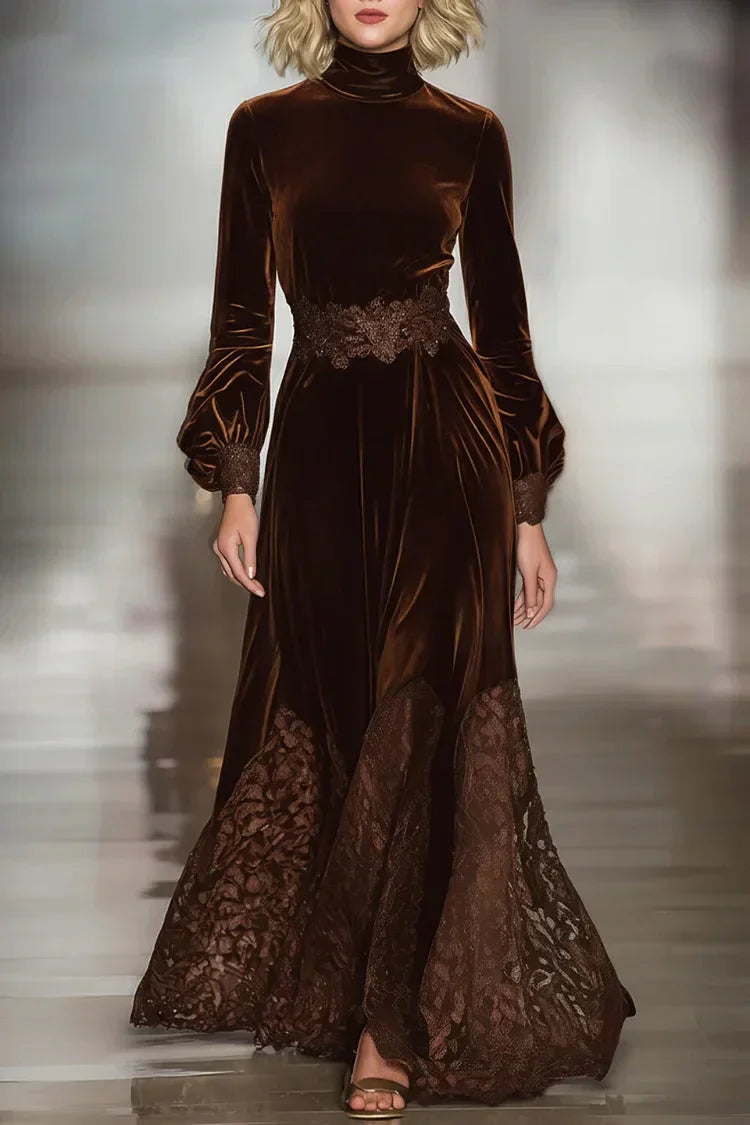 Evelyn - Longue Robe en Velours Chic Détails Dentelle Brodée