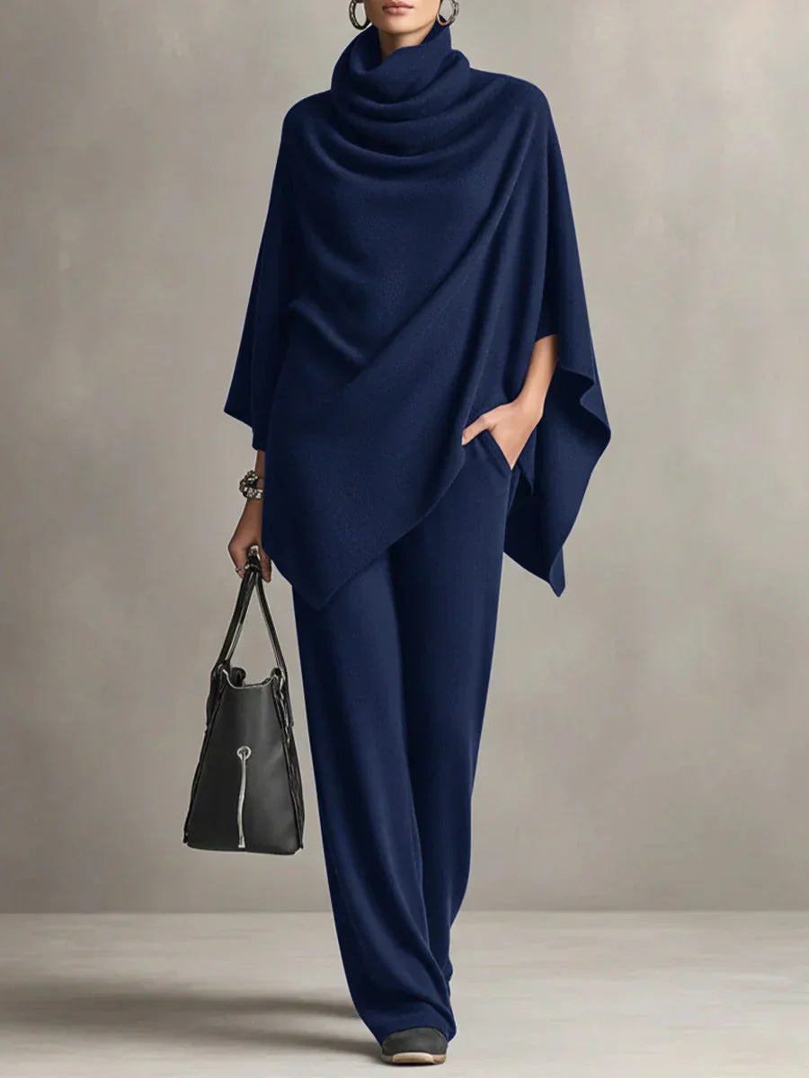 Gianna - Conjunto Elegante de Poncho Drapeado de Lana y Pantalones