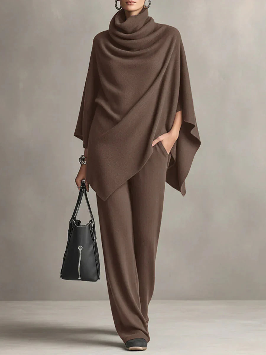 Gianna - Conjunto Elegante de Poncho Drapeado de Lana y Pantalones