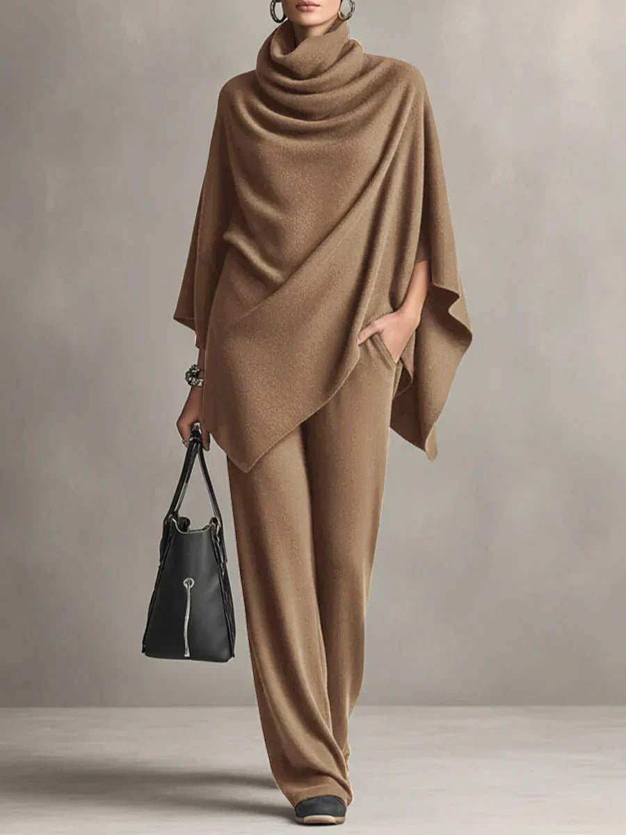Gianna - Conjunto Elegante de Poncho Drapeado de Lana y Pantalones