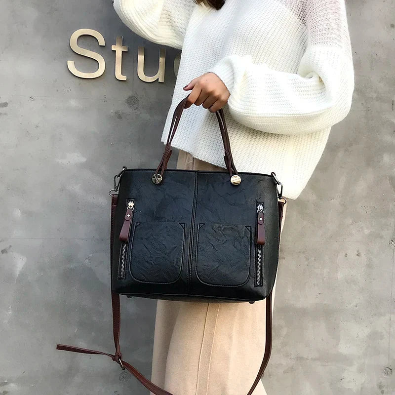 Fanie - Tote de Cuero Vintage con Bolsillos Laterales