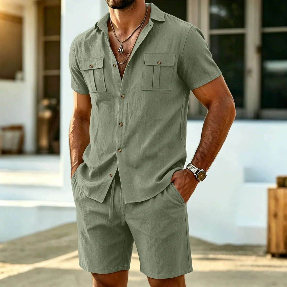 Jordan - Conjunto de Lino Camisa Cargo y Shorts Ajustables