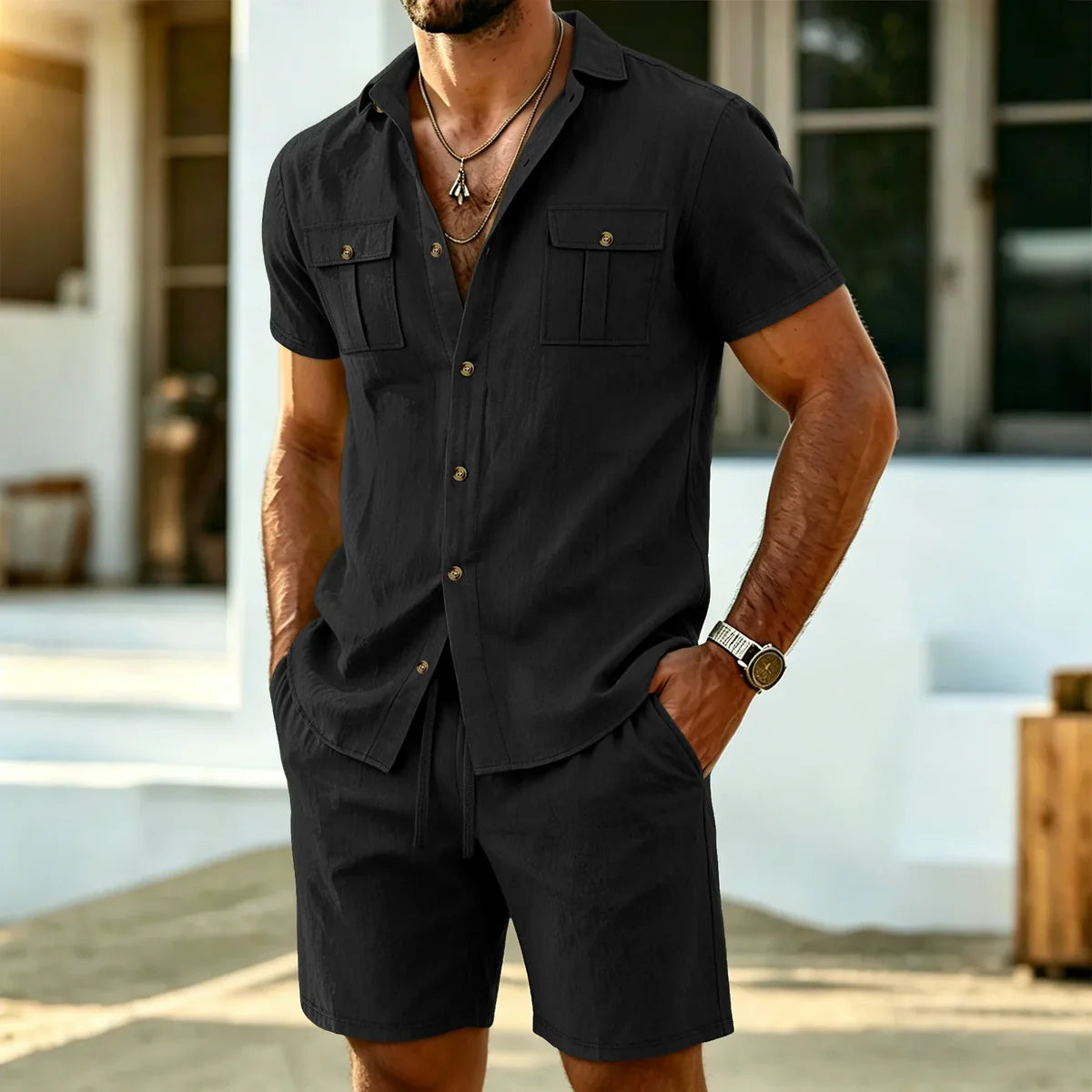 Jordan - Conjunto de Lino Camisa Cargo y Shorts Ajustables