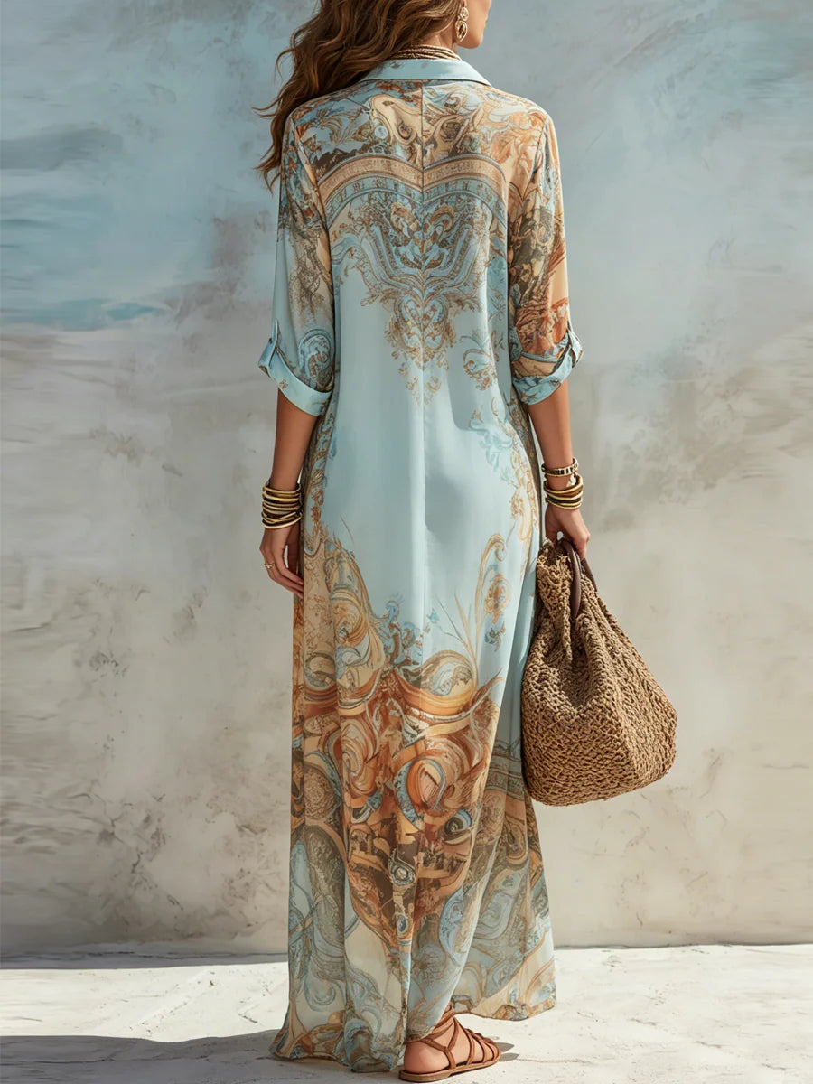 Gizem - Vestido Maxi Camisero con Estampado Mediterráneo