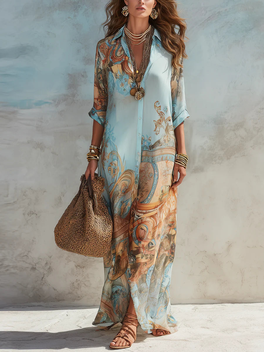 Gizem - Vestido Maxi Camisero con Estampado Mediterráneo