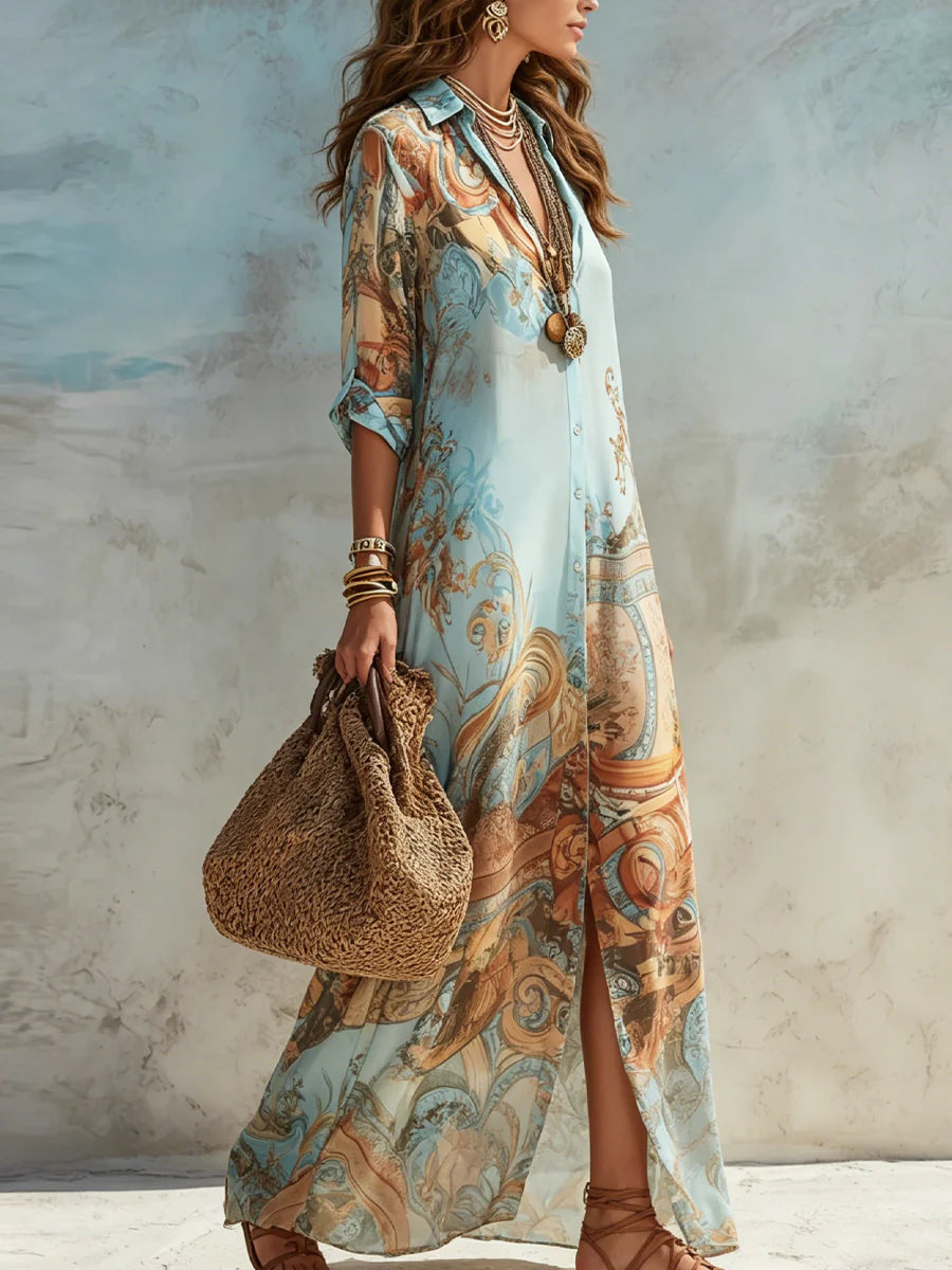Gizem - Vestido Maxi Camisero con Estampado Mediterráneo