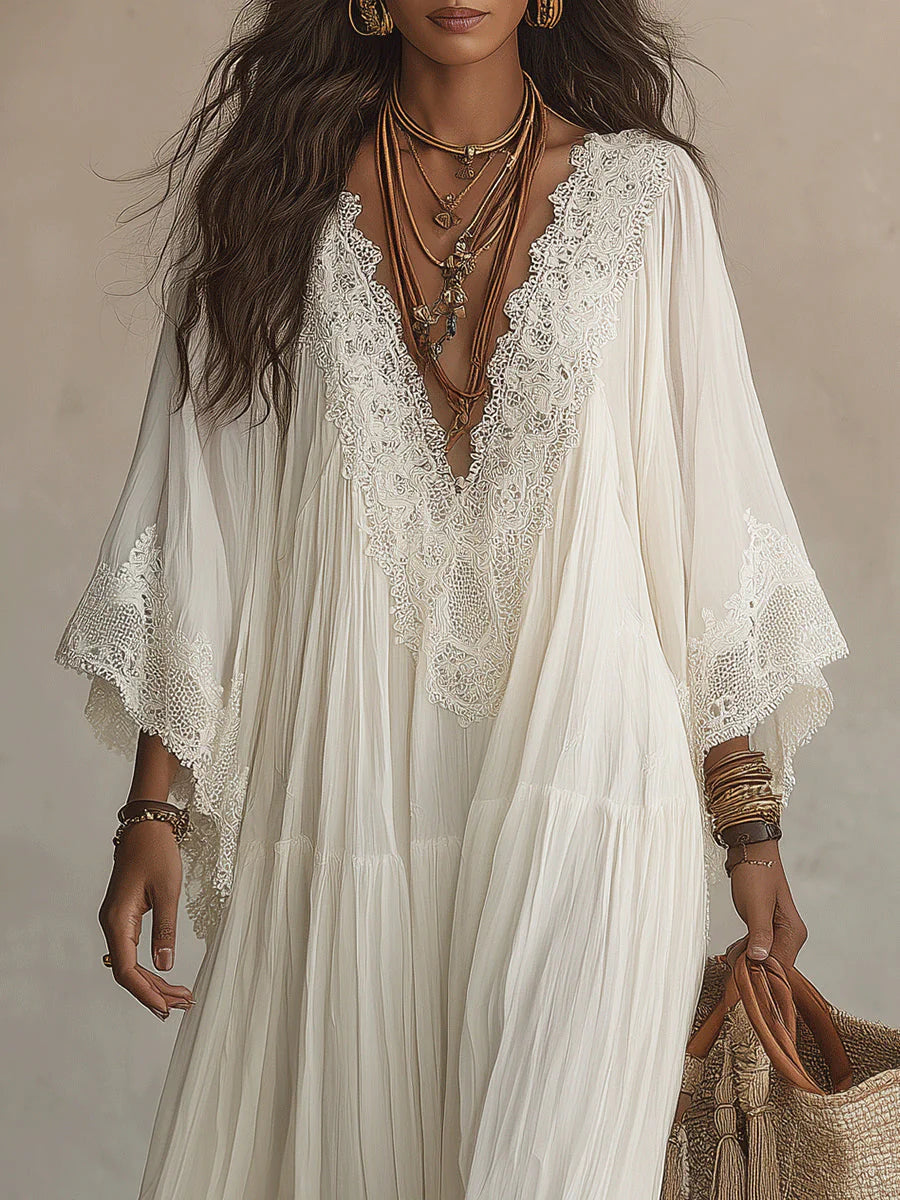 Serina - Vestido Maxi Blanco con Escote y Detalles Bordados