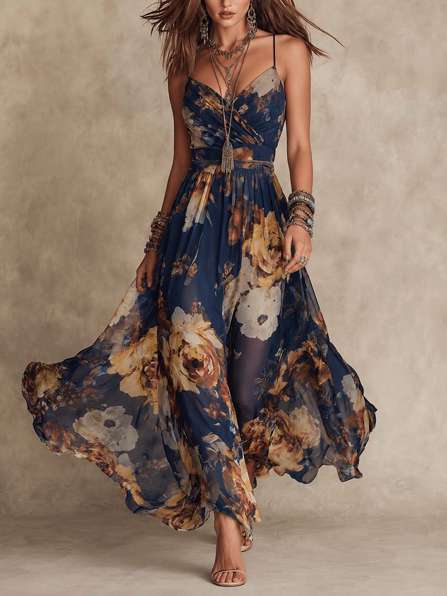 Melinda - Vestido Largo Azul Marino Floral Refinado