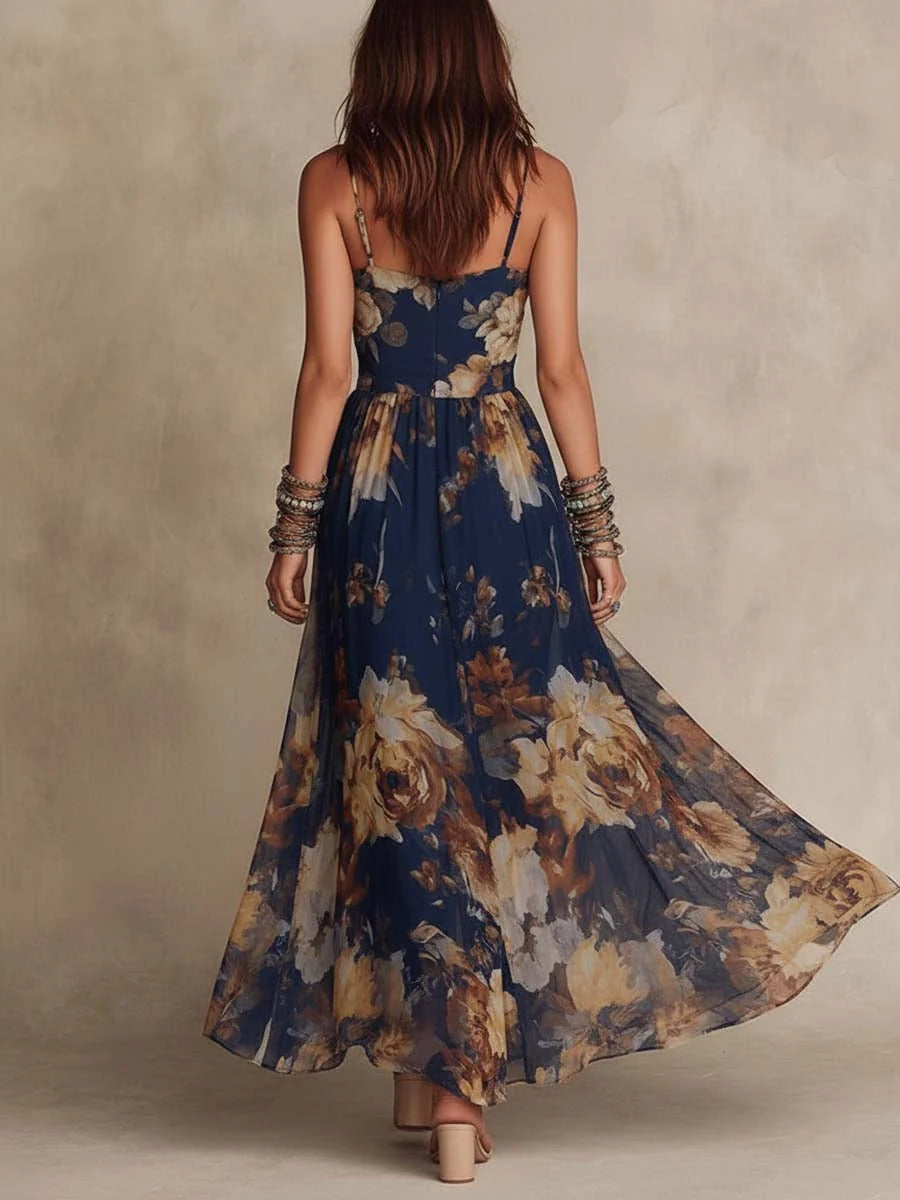 Melinda - Vestido Largo Azul Marino Floral Refinado
