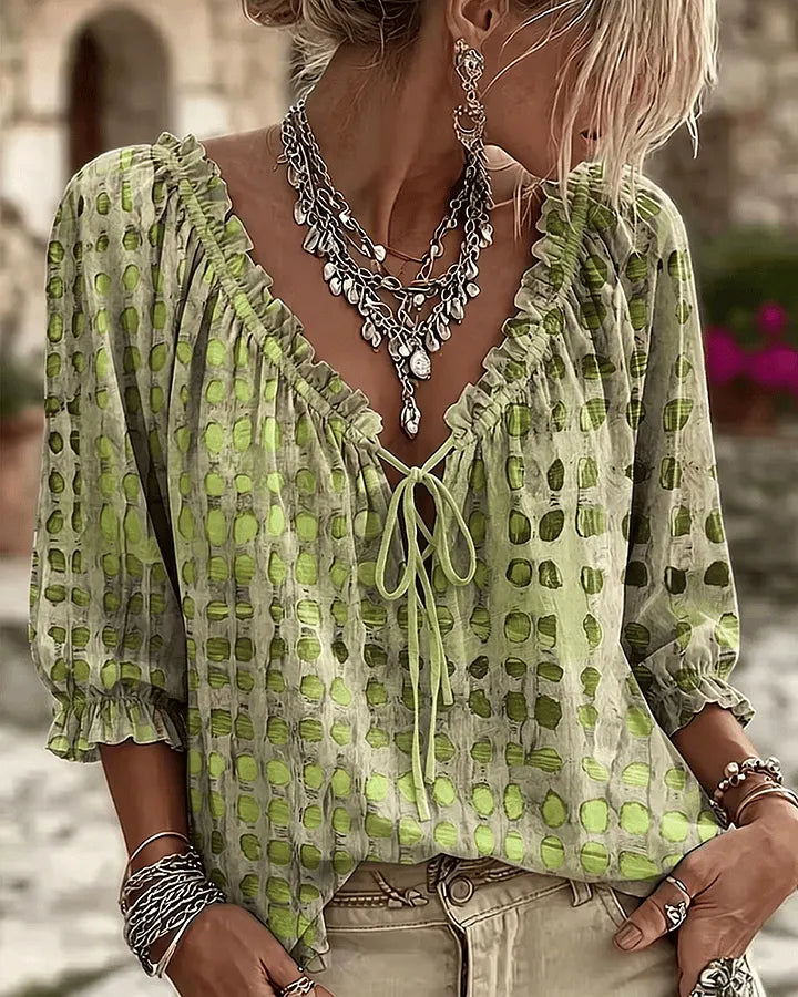 Olaya - Blusa de Lunares Irregulares con Cuello de Lazo