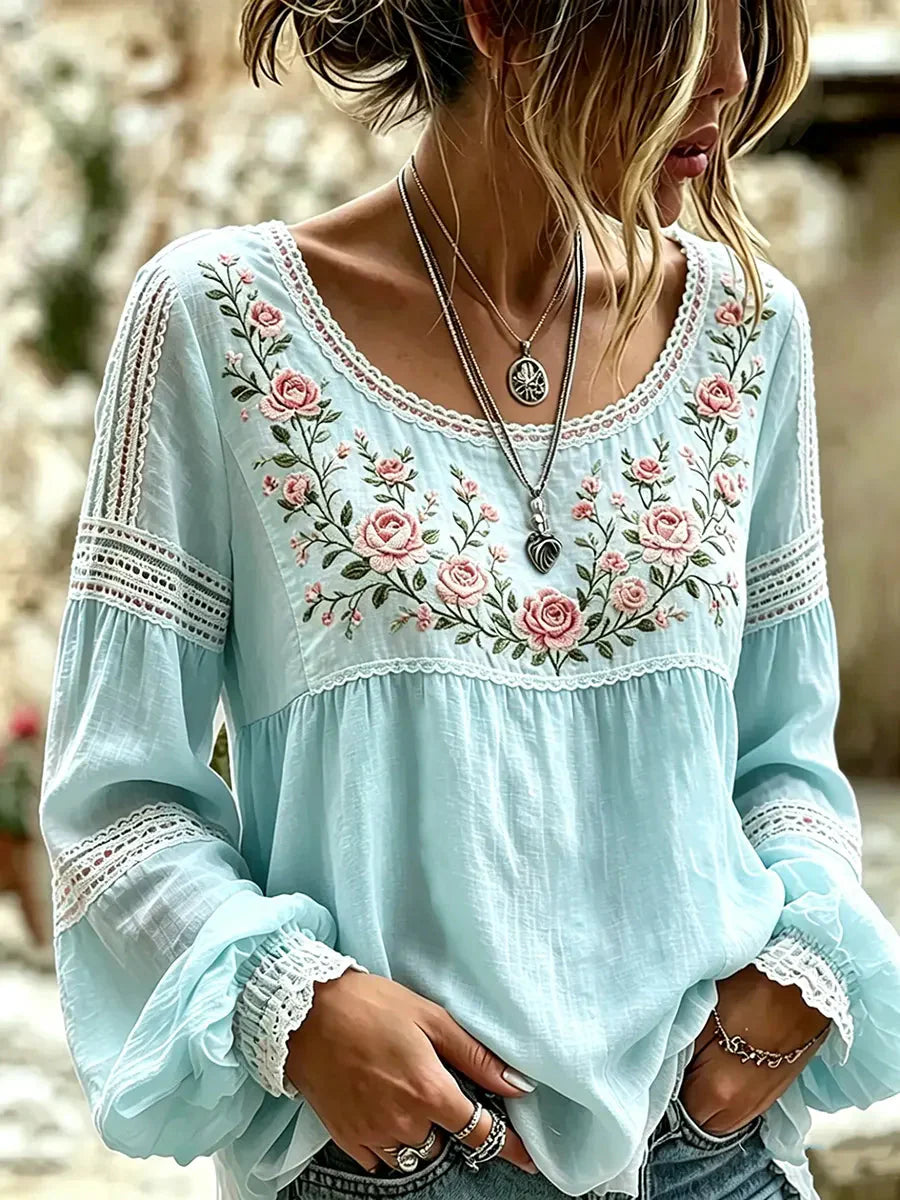 Isra - Blusa De Lino Estilo Bohemio Bordada Con Flores