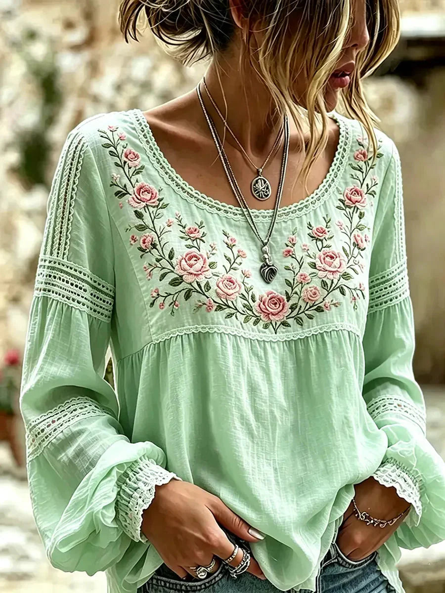Isra - Blusa De Lino Estilo Bohemio Bordada Con Flores