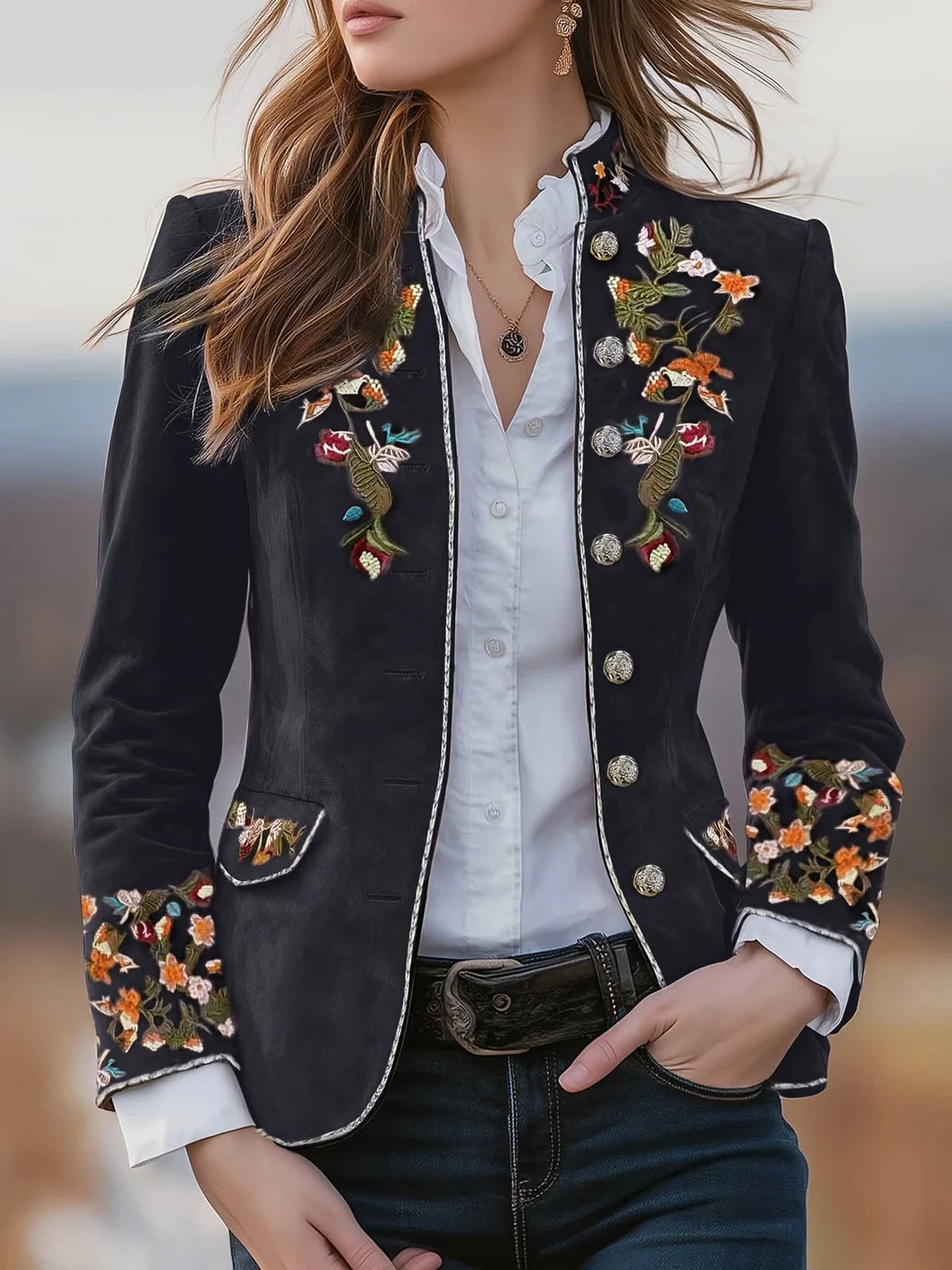 Mahault - Chaqueta de Ante Bordada Retro Chic con Cuello Alto