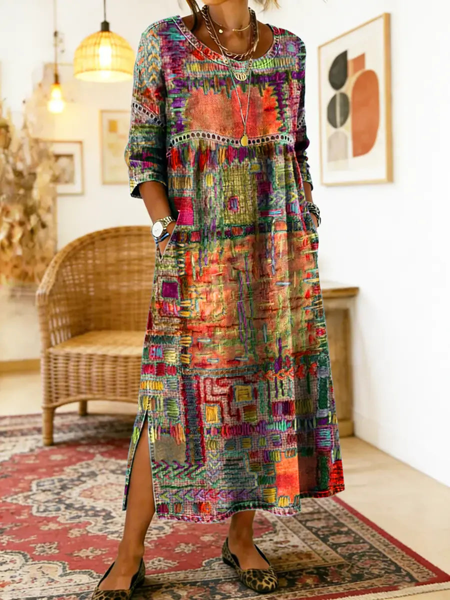 Himaya - Vestido de Denim con Estampado Étnico de Colores