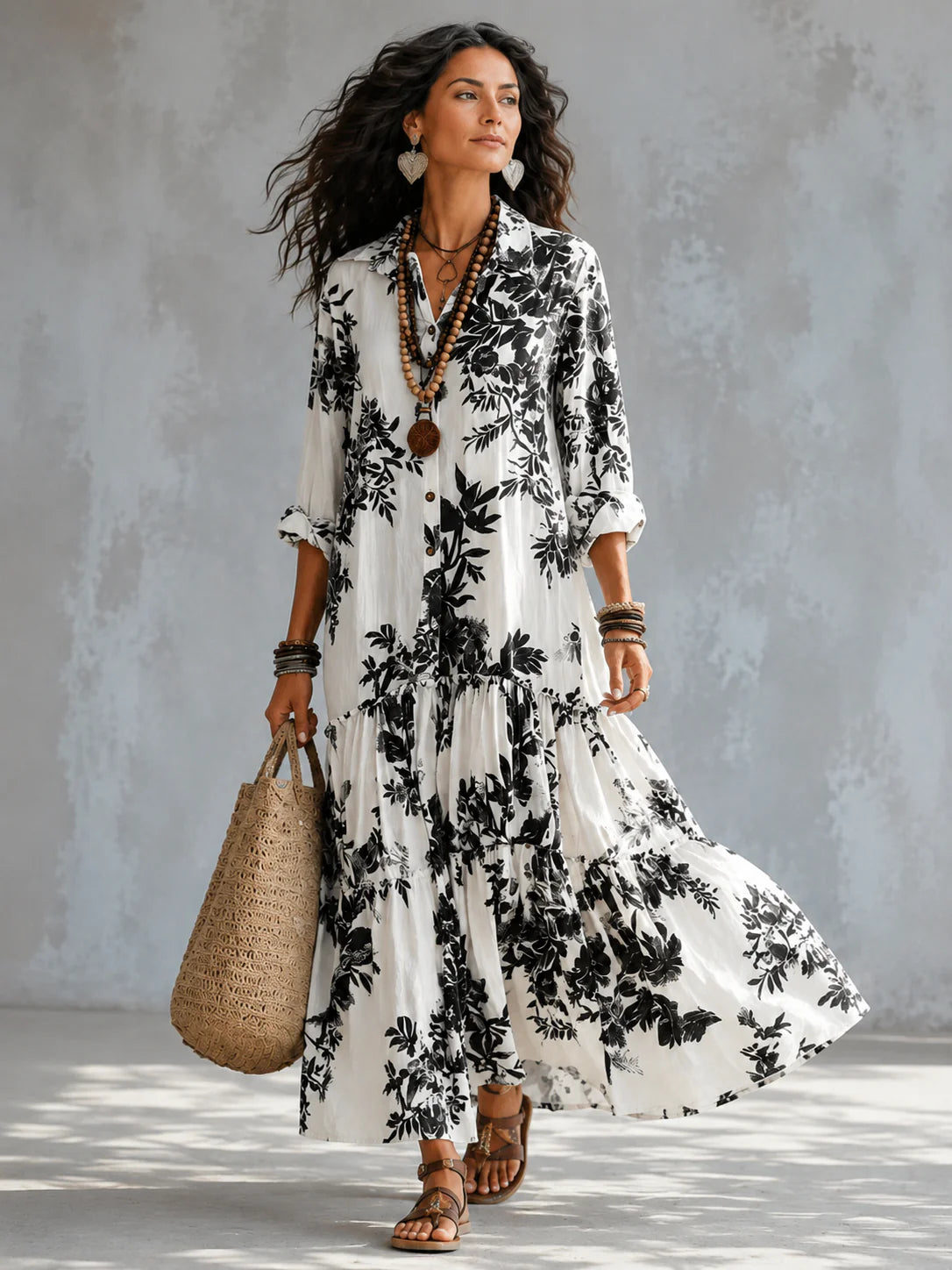 Herina - Vestido Camisero de Algodón y Lino con Hojas y Volantes