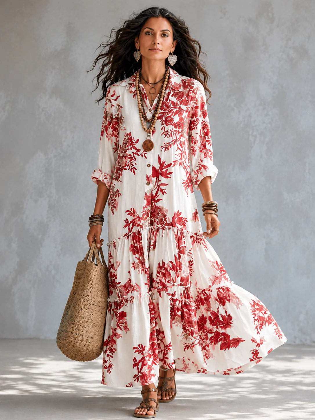 Herina - Vestido Camisero de Algodón y Lino con Hojas y Volantes