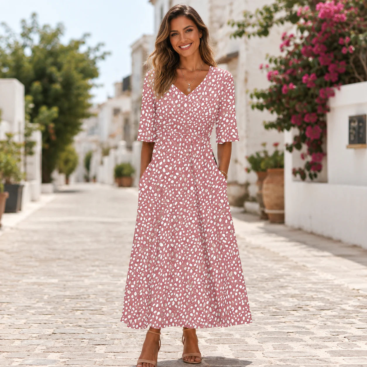 Svea - Vestido de Verano Rosa y Blanco Acampanado