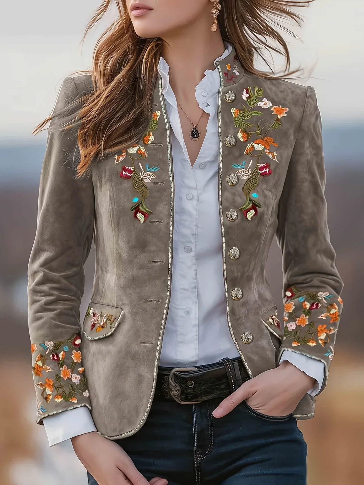 Mahault - Chaqueta de Ante Bordada Retro Chic con Cuello Alto