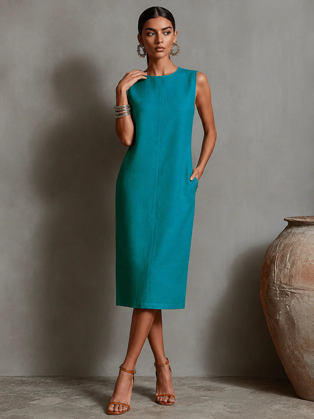 Zaira - Vestido Midi Elegante de Corte Recto con Bolsillos