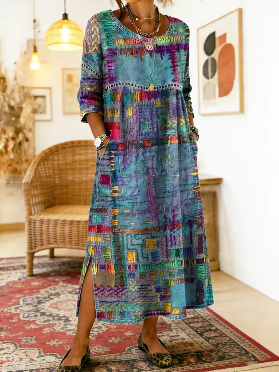 Himaya - Vestido de Denim con Estampado Étnico de Colores