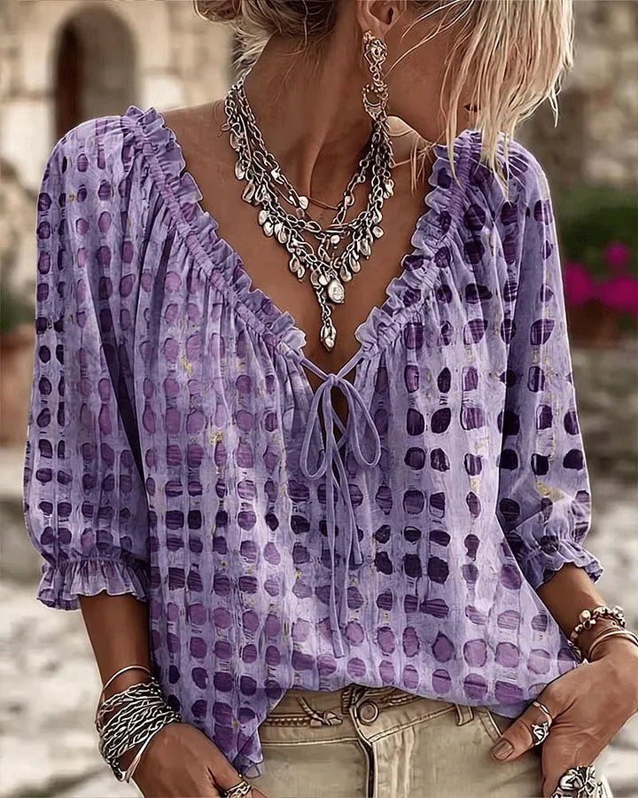 Olaya - Blusa de Lunares Irregulares con Cuello de Lazo