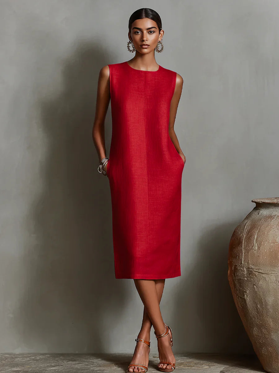 Zaira - Vestido Midi Elegante de Corte Recto con Bolsillos