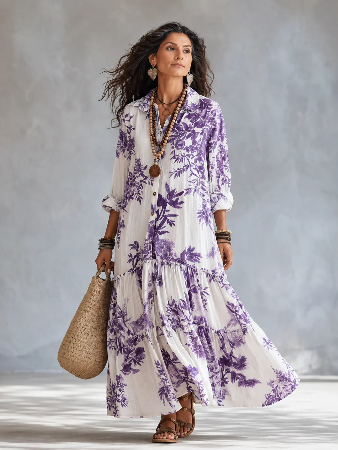 Herina - Vestido Camisero de Algodón y Lino con Hojas y Volantes