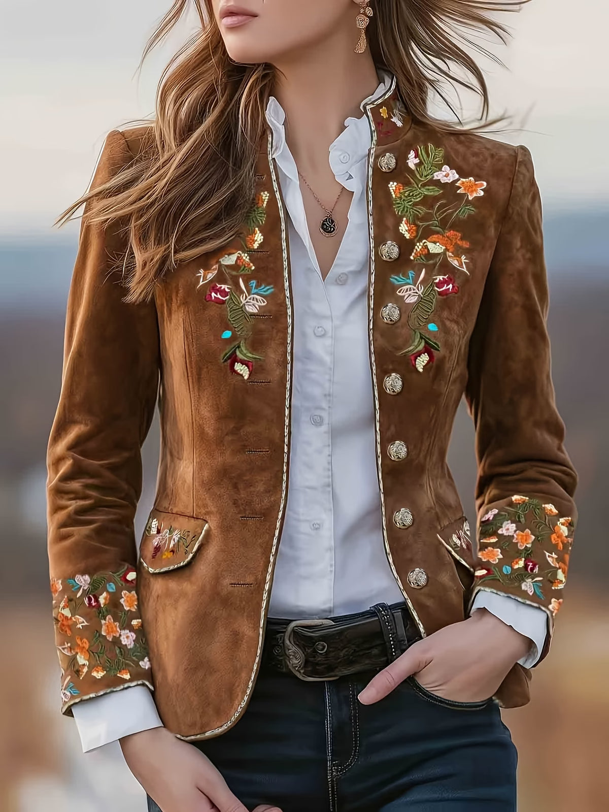 Mahault - Chaqueta de Ante Bordada Retro Chic con Cuello Alto