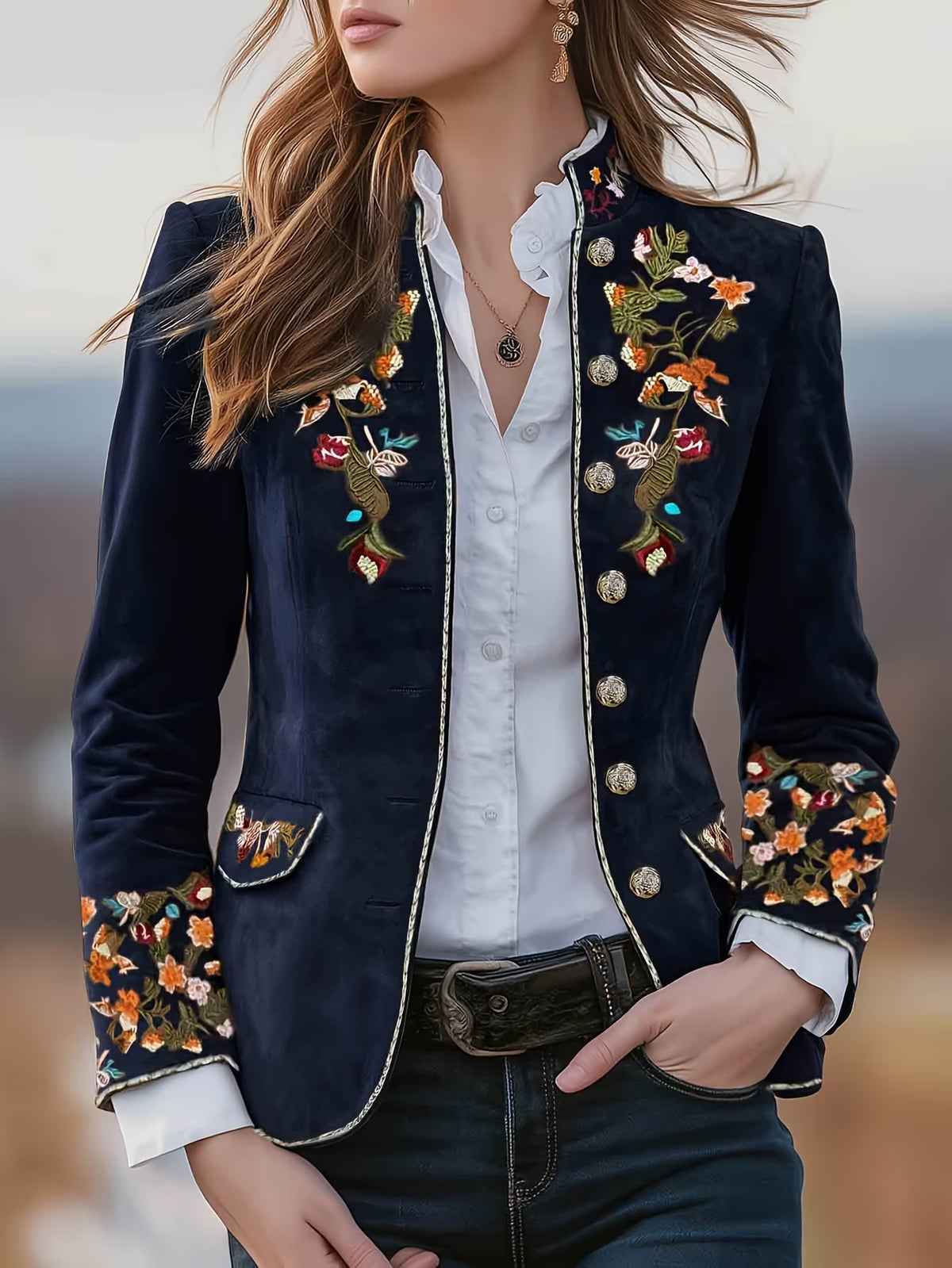 Mahault - Chaqueta de Ante Bordada Retro Chic con Cuello Alto