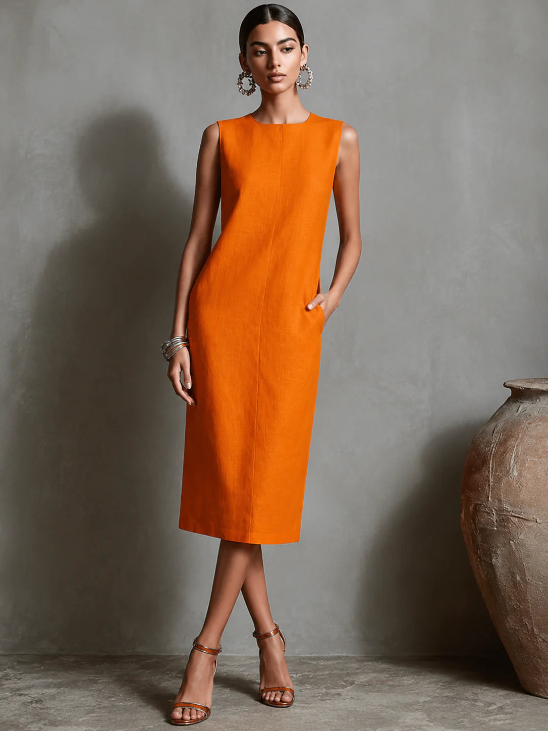Zaira - Vestido Midi Elegante de Corte Recto con Bolsillos