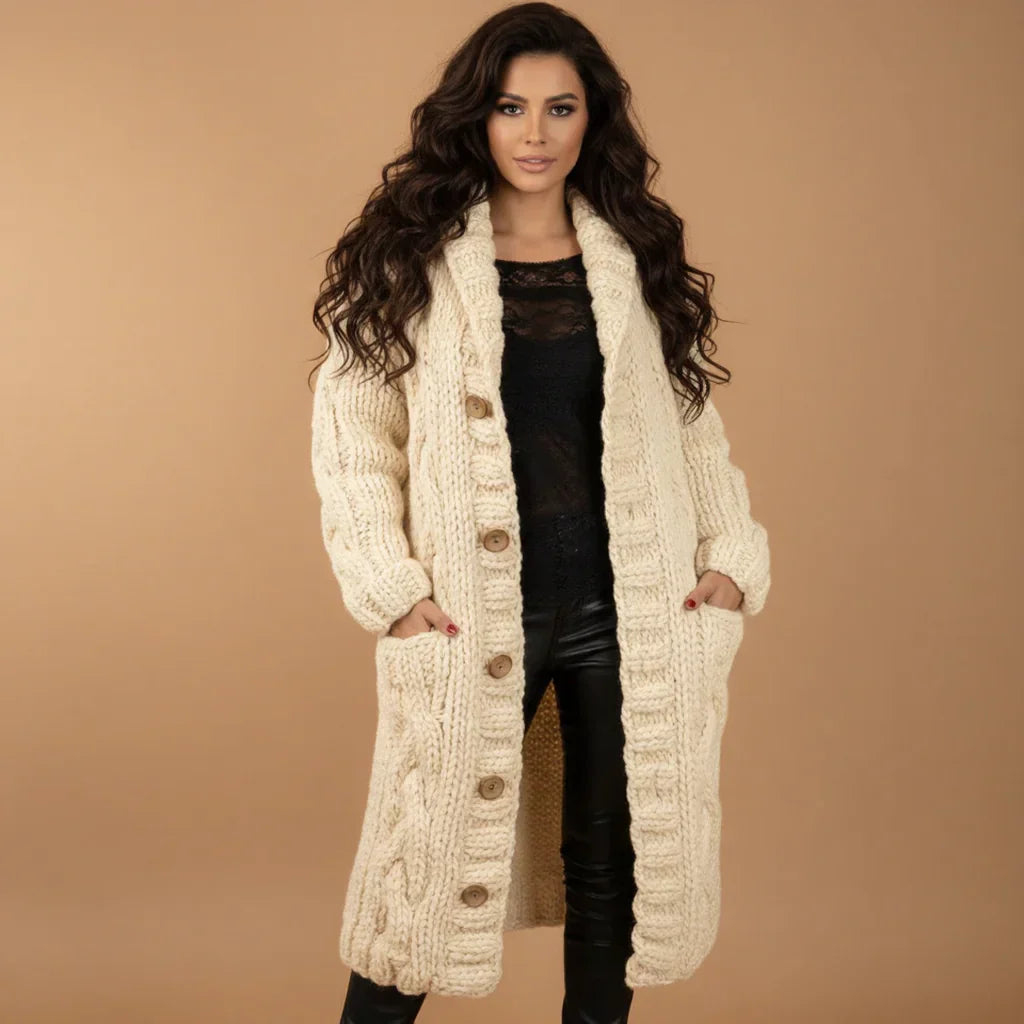 Lola - Manteau Gilet Long Tricot Torsadé Chaud