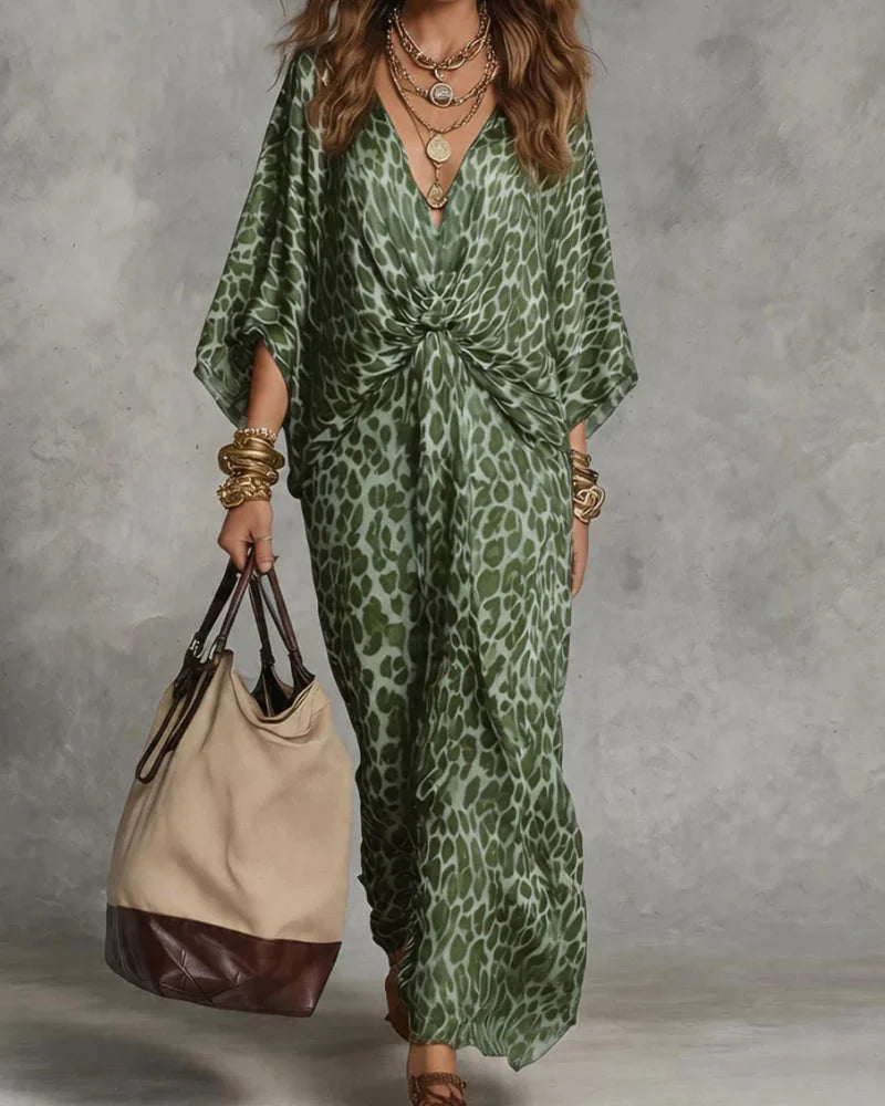 Anoukia - Vestido Maxi Amplio Leopardo con Detalle Retorcido