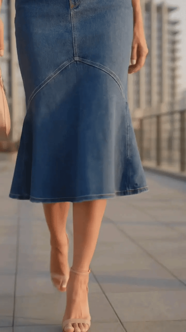 Luscinda - Falda de Denim Midi de Cintura Alta Efecto Silueta Favorecedora