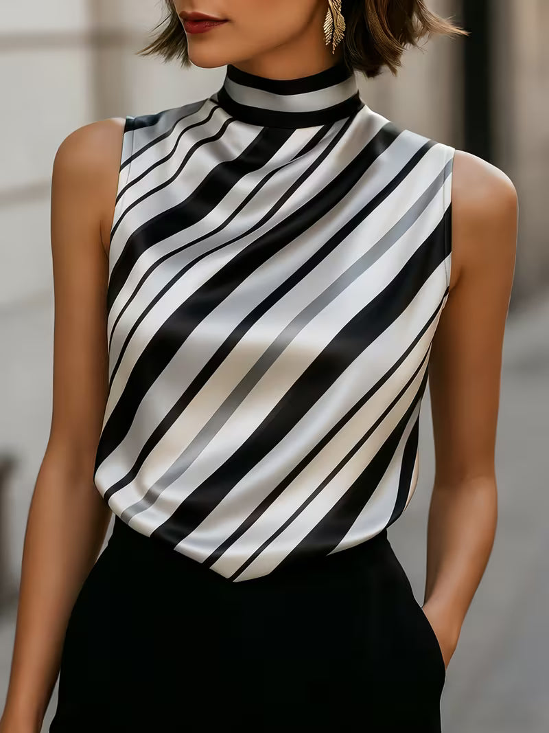 Asya - Blusa Chic de Satén a Rayas con Cuello Alto