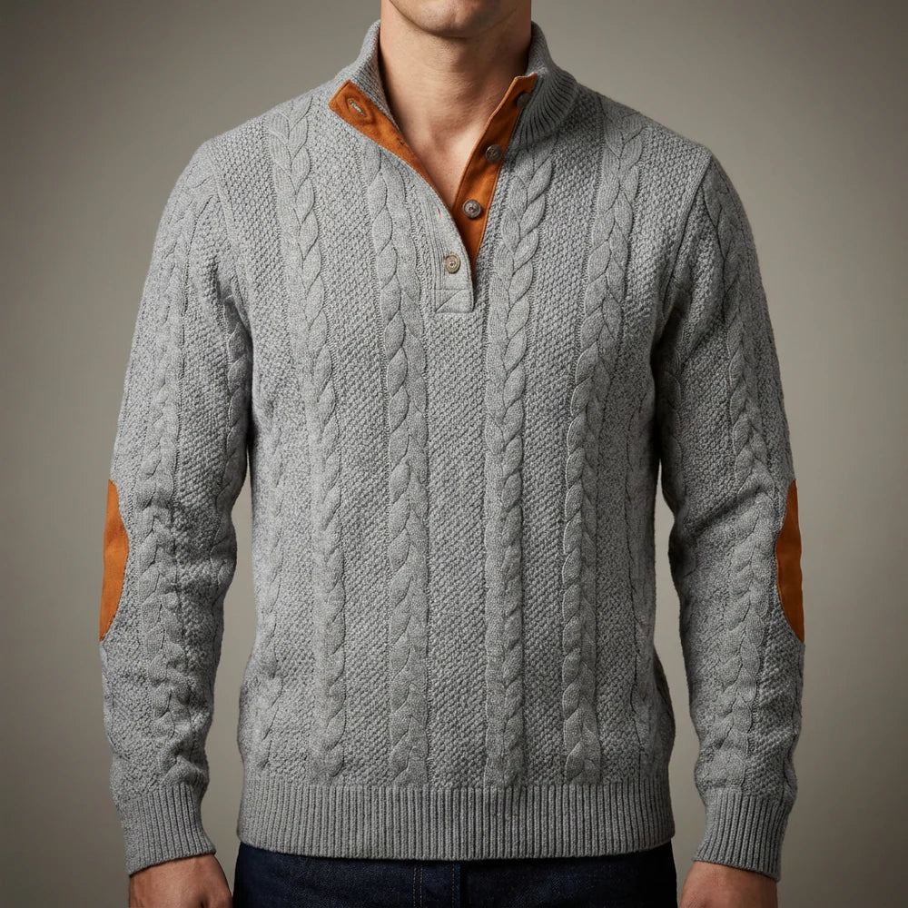 Evan - Pull en Maille Naturelle Robuste Col Montant Boutonné