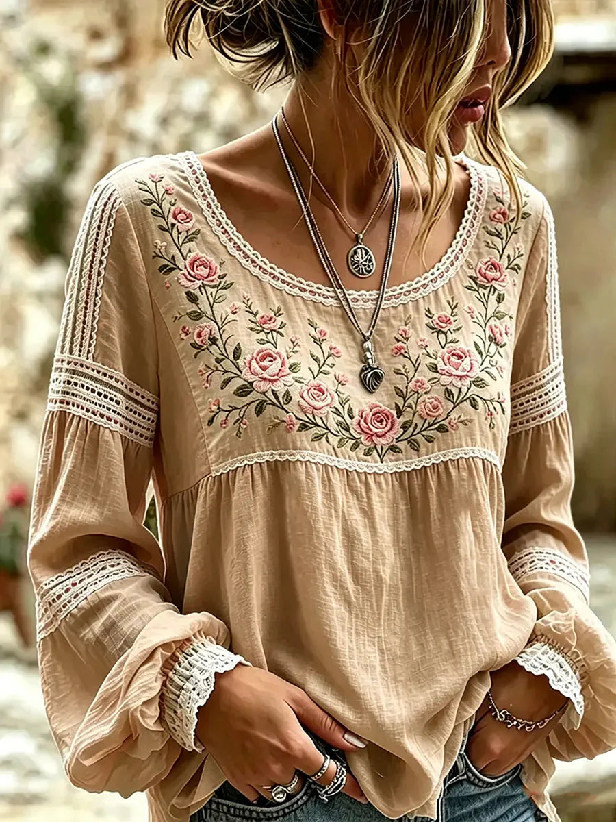 Isra - Blusa De Lino Estilo Bohemio Bordada Con Flores