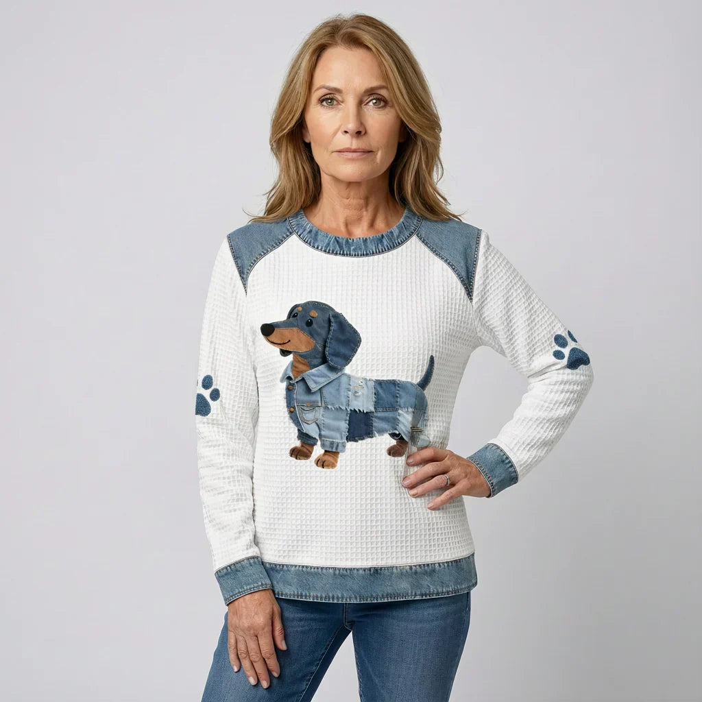 Myla - Suéter Teckel en Patchwork de Algodón Detalles de Denim