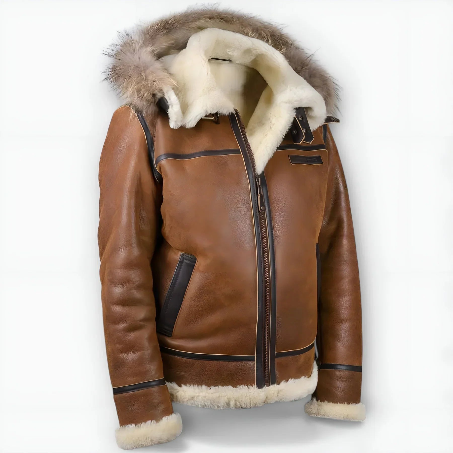 Arsen - Abrigo de Invierno de Alta Moda de Cuero con Capucha y Piel