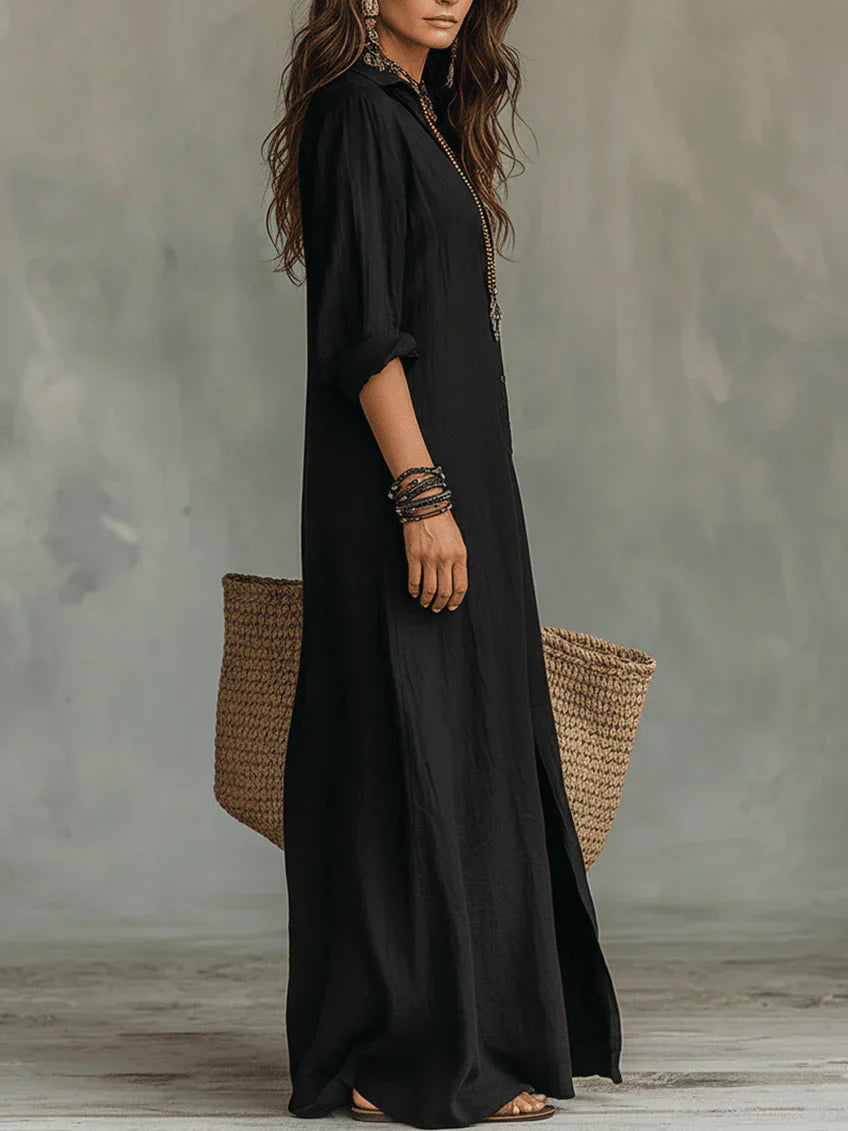 Whitney - Vestido Maxi Camisero con Abertura y Collar