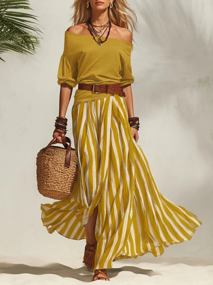 Erlina - Conjunto Chic Falda a Rayas y Top (cinturón de regalo)